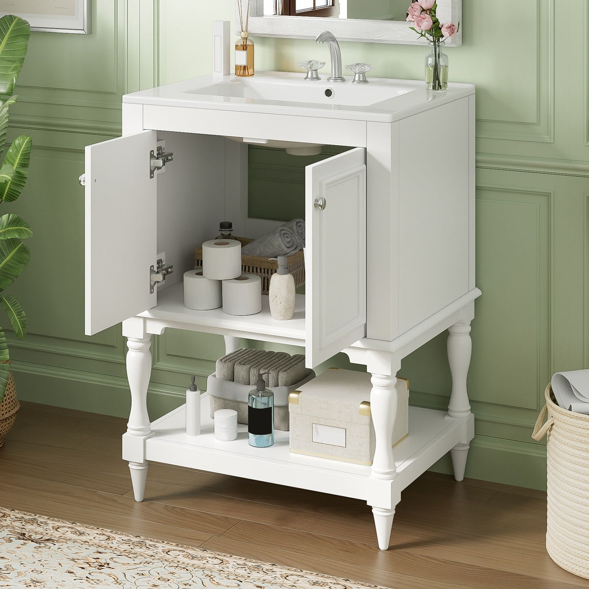 Mueble de baño moderno con lavabo, gabinete rectangular con estante abierto y almacenamiento cerrado