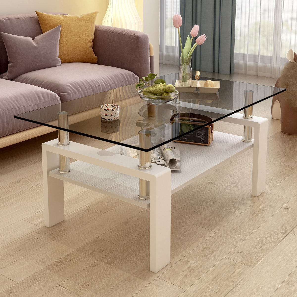 Modern Rectangular Coffee Table With Tempered Transparent Glass Top And Storage Shelf
