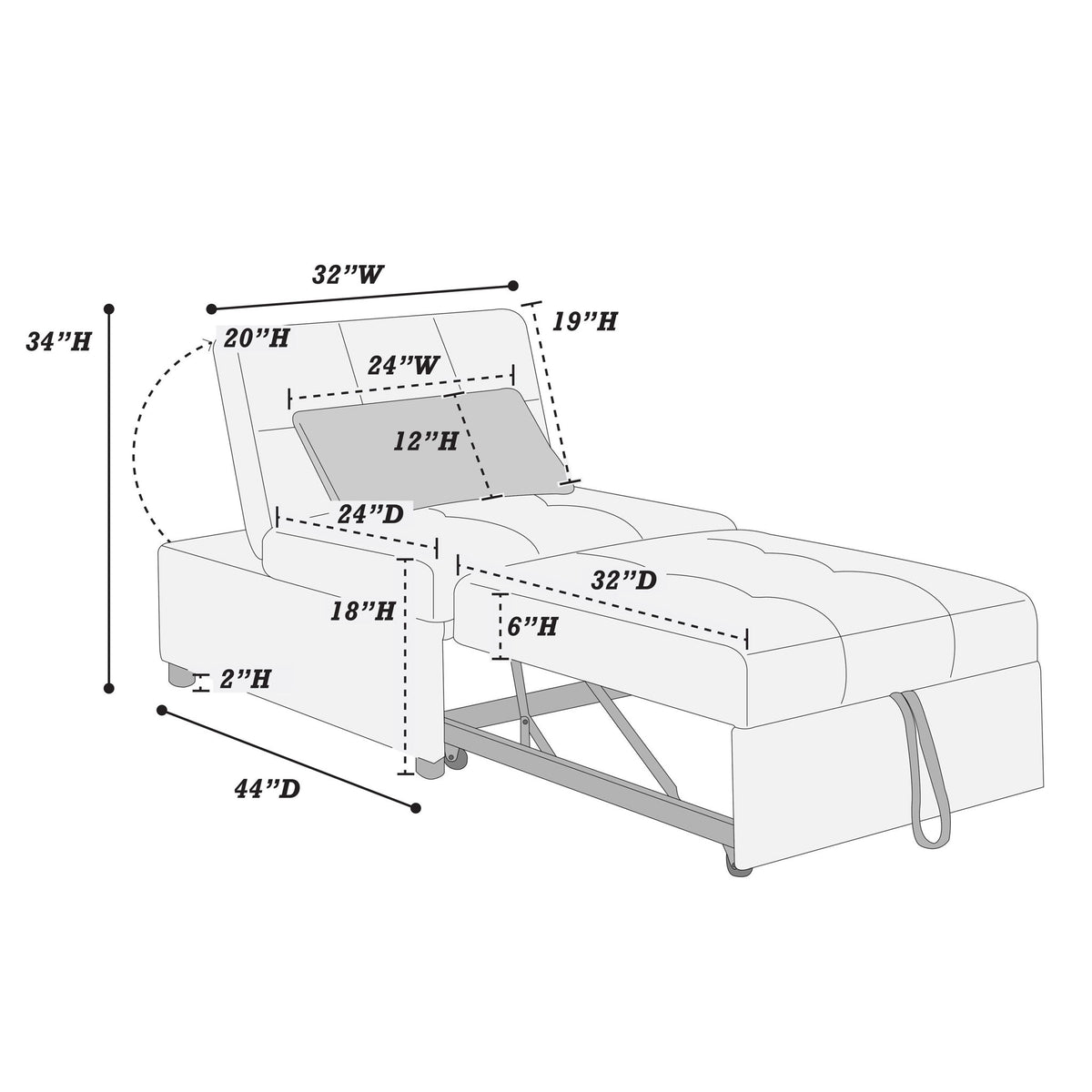 Sillón cama, sofá convertible con cama extraíble - Negro