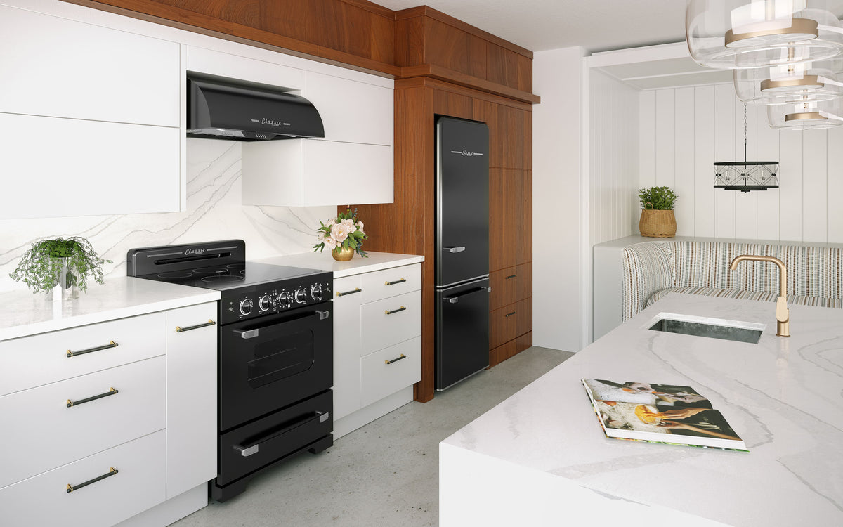 Unique Appliances - 30 in. Wide 5 Elements Classic Retro 3.9 Cu. Ft. Freestanding Electic Convection Range with Glass Top and Storage Drawer - Midnight Black
