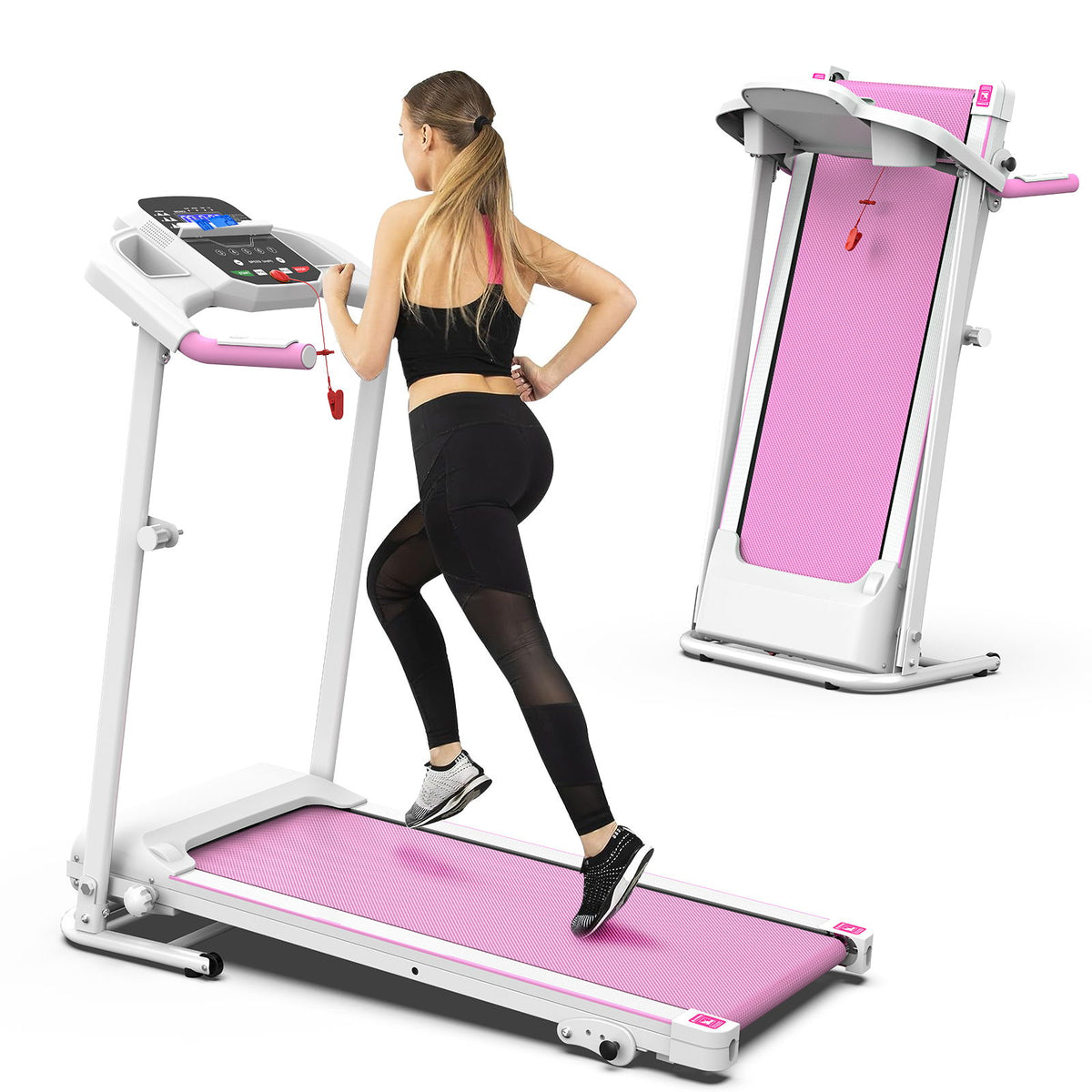 Cinta de Correr Plegable Eléctrica de 2.5Hp para Gimnasio en Casa, Capacidad Máxima de 120 kg - Rosa / Blanco