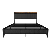 Bed With Charging Station, American Design Upholstered Headboard, Metal Platform