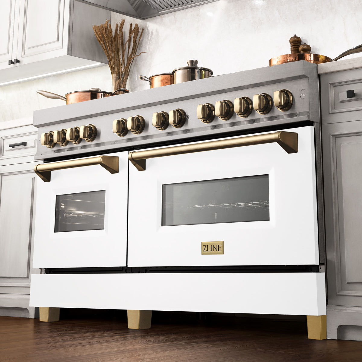 ZLINE - 60 in. Wide 8 Burner Autograph Legacy Dual Fuel Range in Satin Steel w/ White & Gold Accents (RASZ-WM-60-G) - Stainless Steel