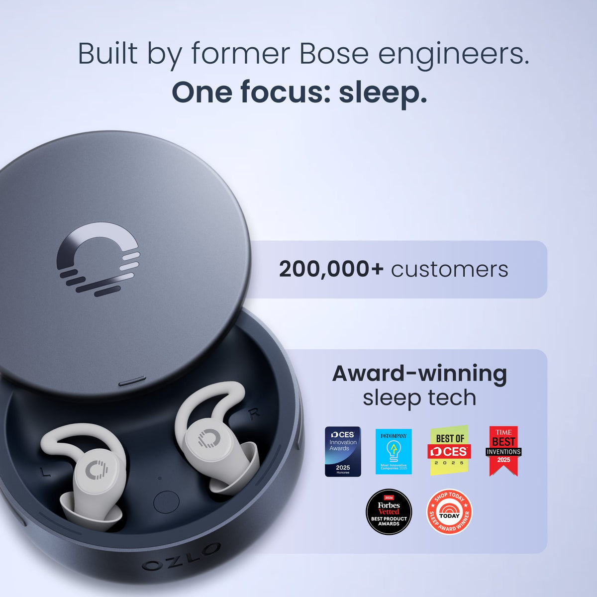 Ozlo - Sleepbuds 2 – Noise-Masking Sleep Earbuds, Side Sleeper Comfort, Snore Blocking, 14-Hr Battery - White - Blue