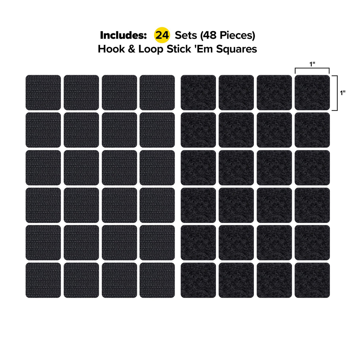 Stick 'Ems by Wrap-It Storage - 1" Squares (24-Sets) Square Adhesive Backed Hook and Loop - Black
