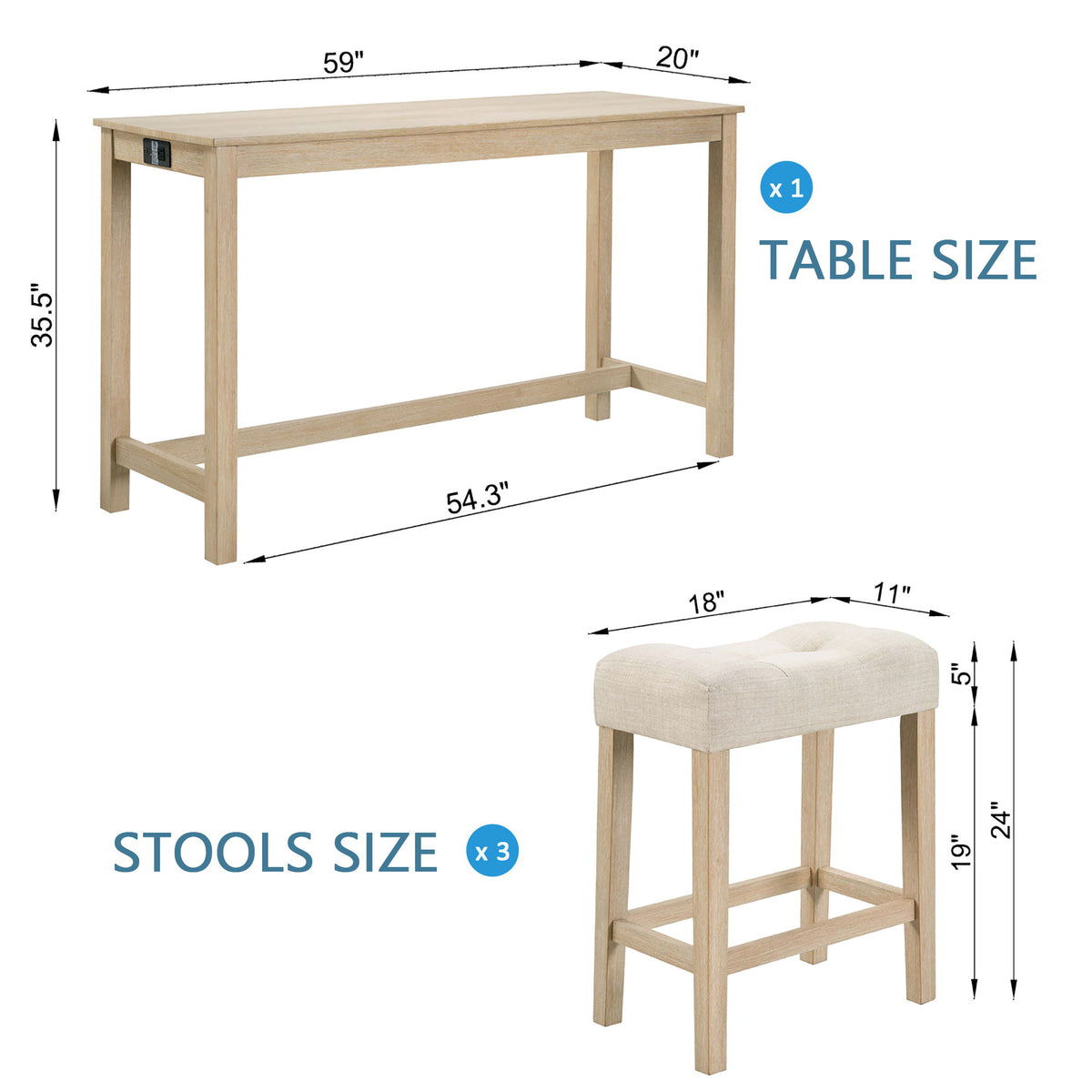 Set de mesa de bar de 4 piezas con toma de corriente