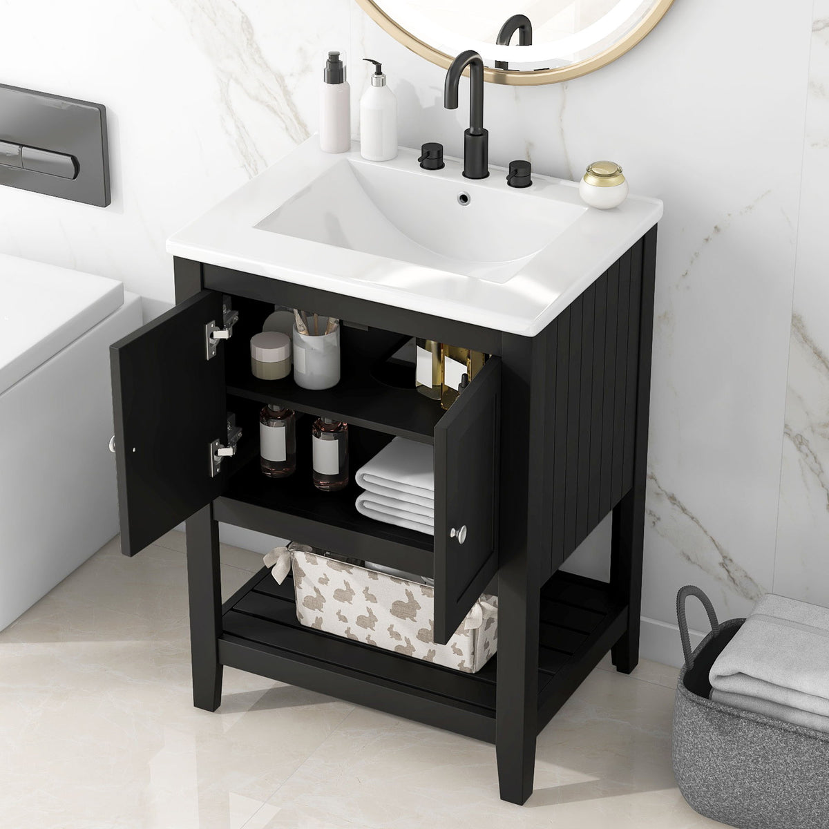 Tocador de baño moderno con lavabo y estante abierto