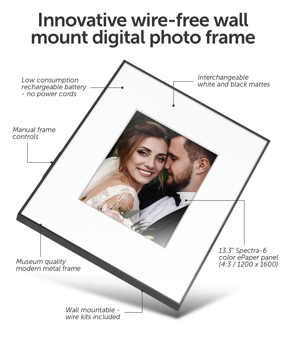 Aluratek - 13.3" ePaper WiFi Digital Photo Frame with Built-In Battery