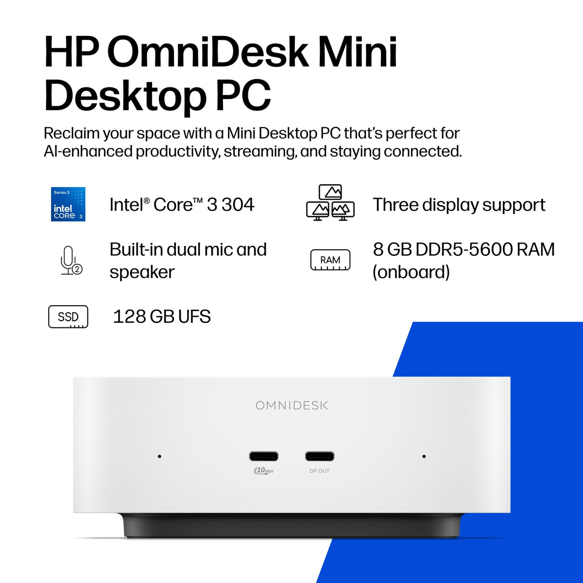 HP - OmniDesk Mini PC - Intel Core 3 304 - 8GB Memory - 128GB UFS - Cashmere White