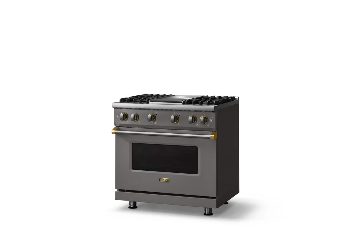 Viking - 36 in. Wide Pro 5 Series 5.1 Cu. Ft. Freestanding Sealed 4 Burner LP Gas Convection Range/Griddlewith Brushed Brass - Damascus Gray