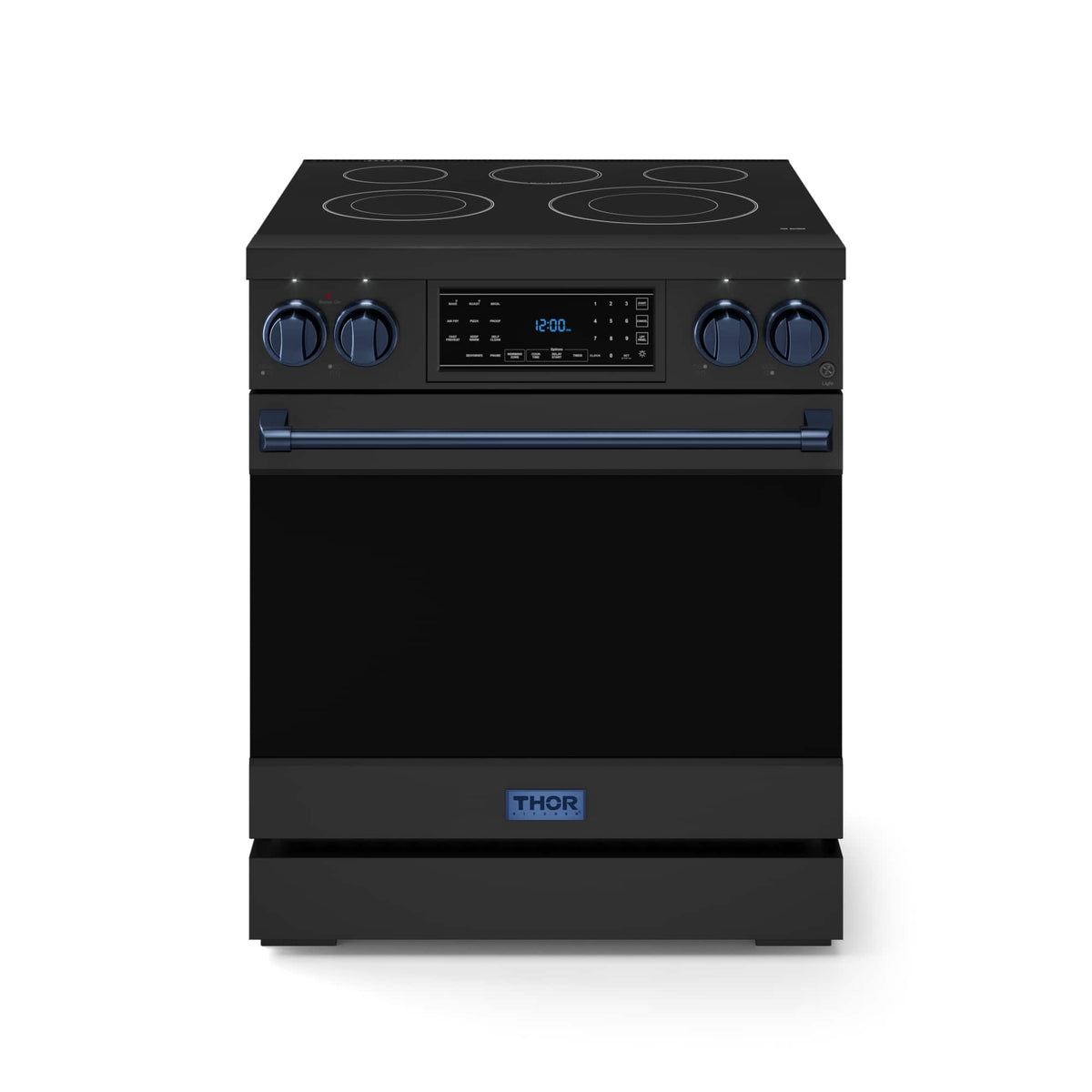 30 in. Wide 5 Elements Gordon Ramsay Series by Thor Kitchen 4.55 Cu. Ft Freestanding Electric Range w/ Navy Blue Handles - Black