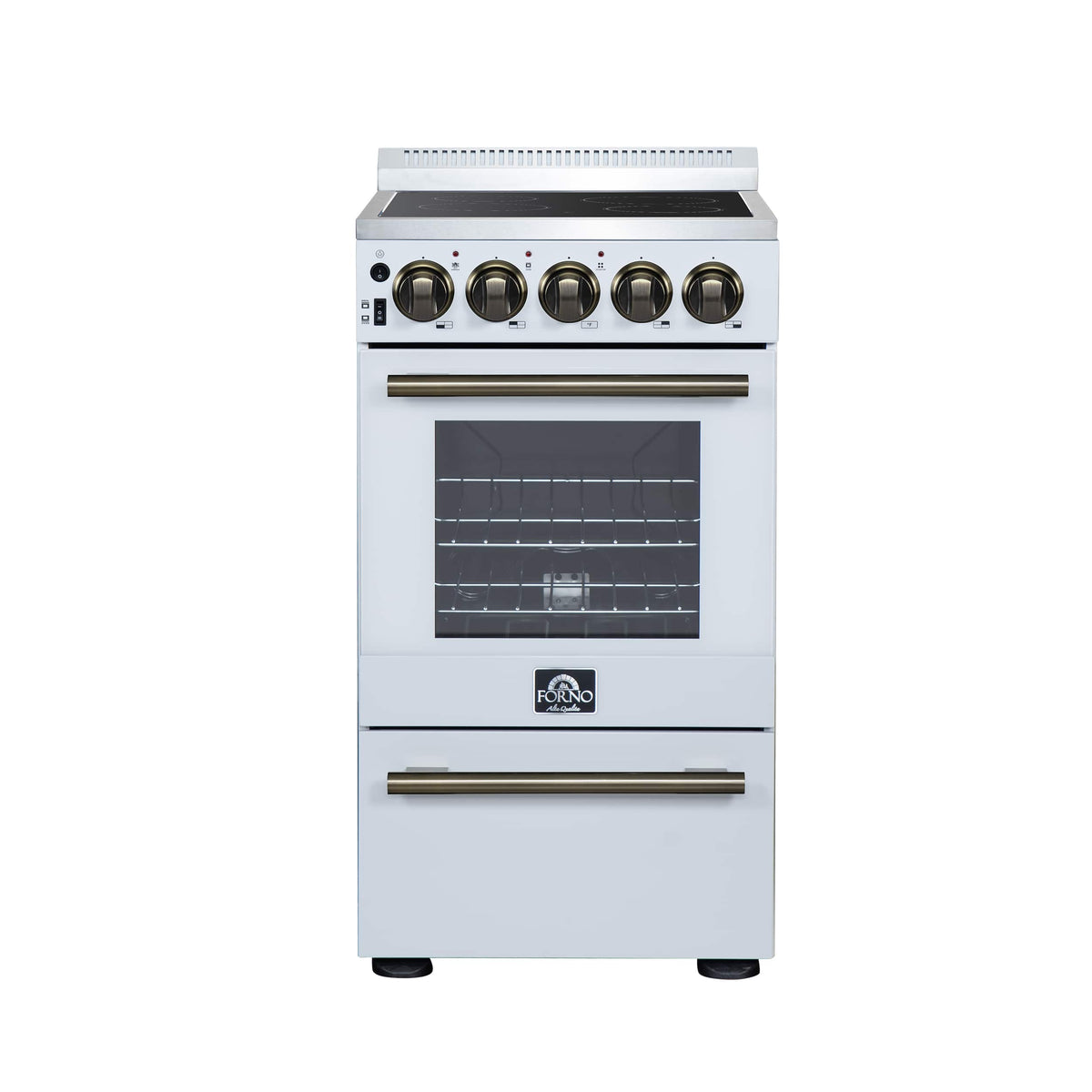 Forno Appliances - 20 in. Wide 4 Elements Pallerano 2.05 Cu. Ft. Freestanding Electric Range with Antique Brass Accessories - White
