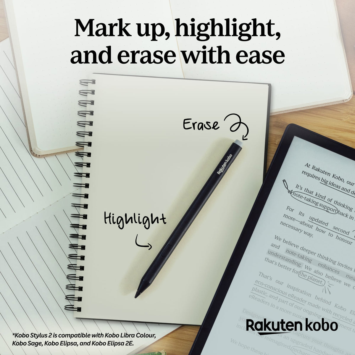 Kobo - Stylus 2- Mark Up, Write Notes and Make Highlights-Rechargeable via USB-C-Compatible with 7" Libra Color eReader - White