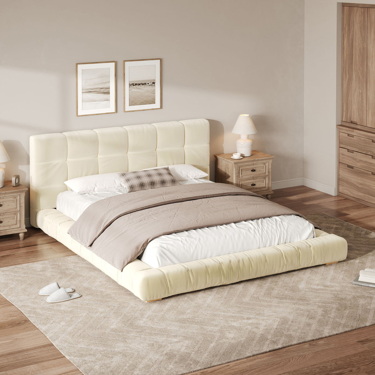 Base de cama tapizada con cabecero capitoné