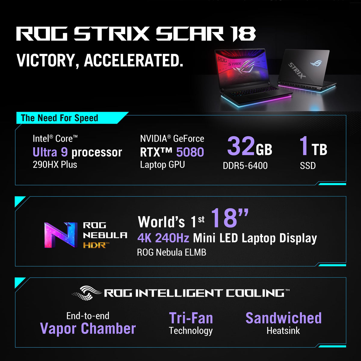 ASUS - ROG Strix SCAR 18 18" 4K 240Hz Gaming Laptop - Intel Core Ultra 9 HX Plus - 32GB RAM - NVIDIA GeForce RTX 5080 - 1TB SSD - Off Black