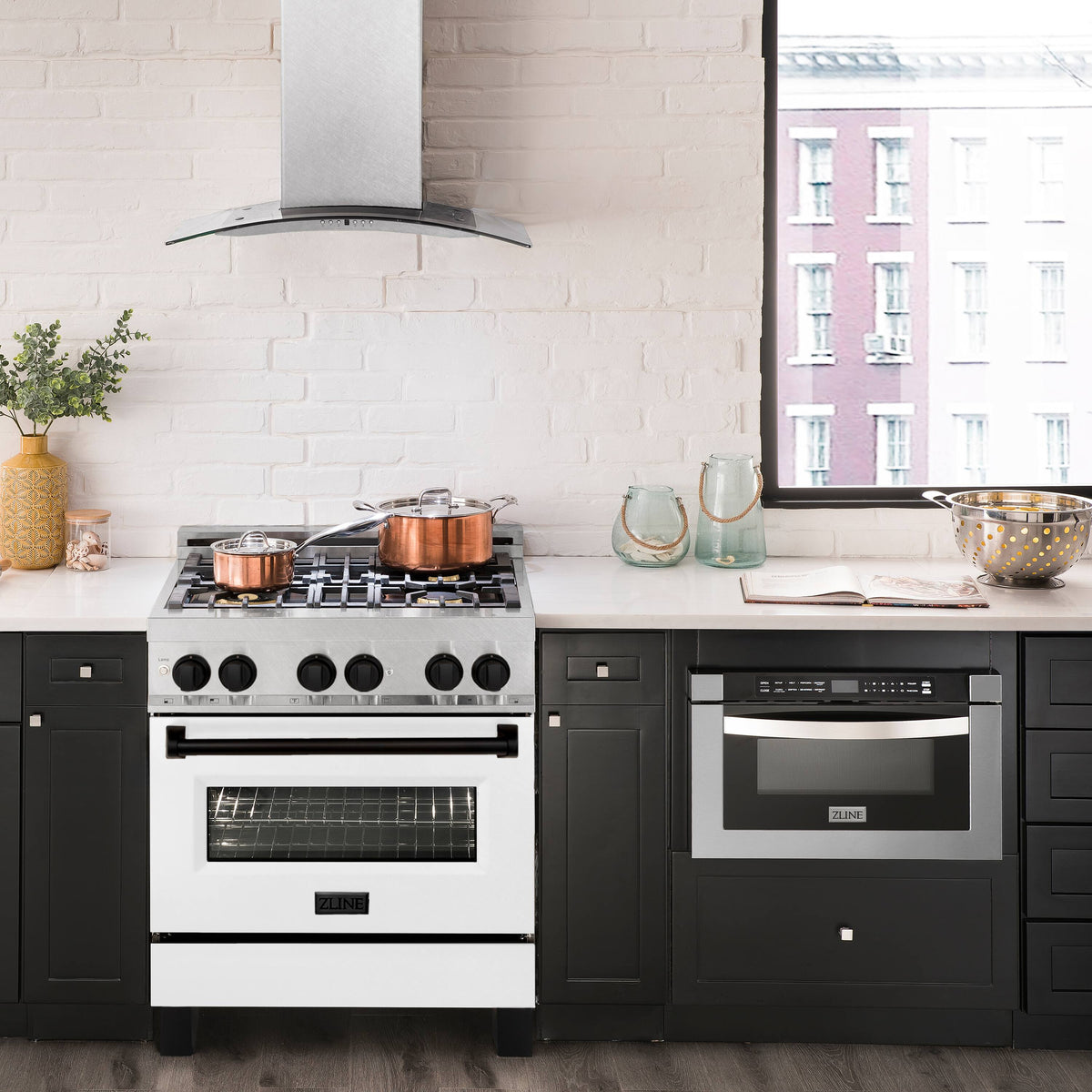 ZLINE - 30 in. Wide 4 Burner Autograph Legacy Dual Fuel Range in Satin Steel w/ White & Black Accents (RASZ-WM-30-MB) - Stainless Steel