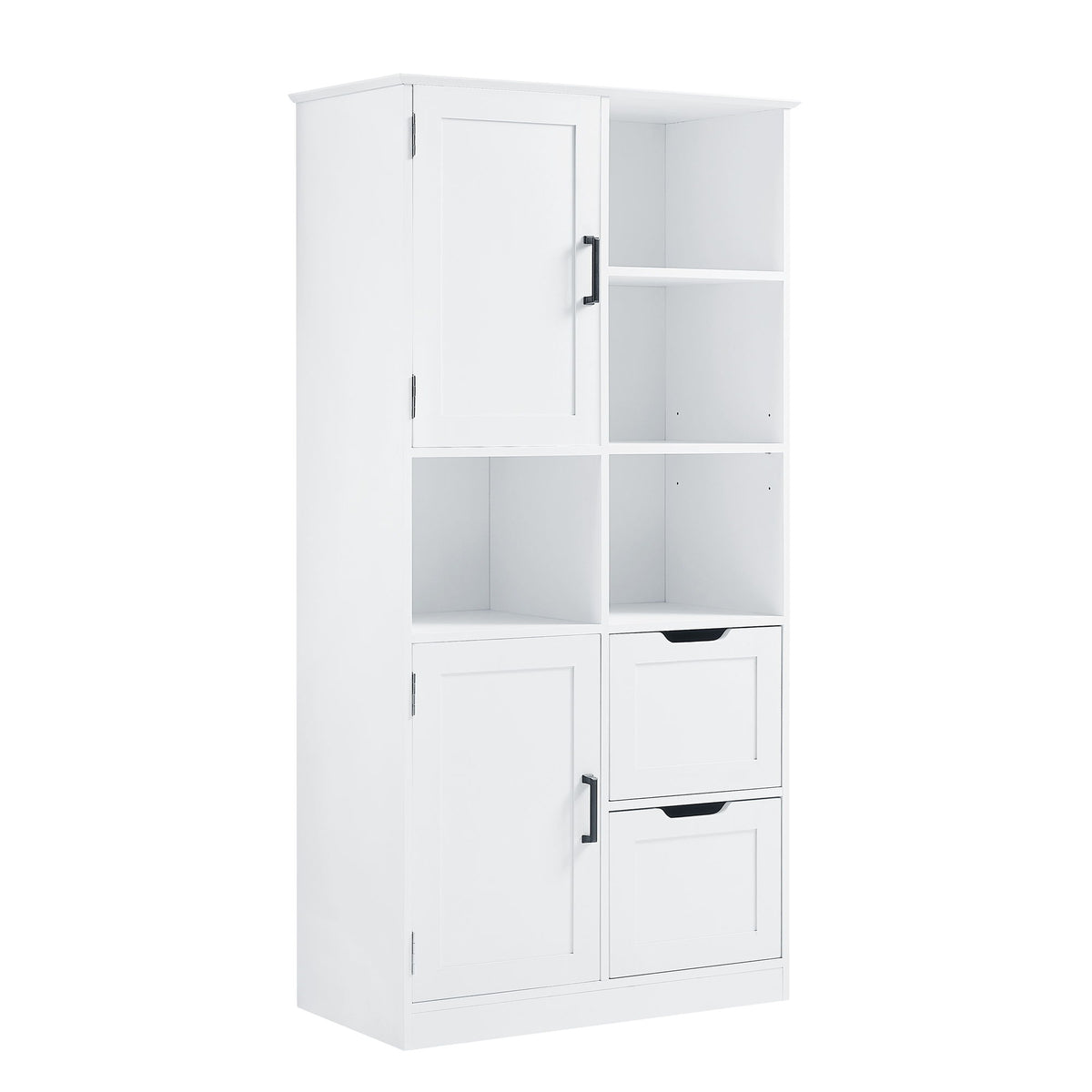 Armario de almacenamiento de baño independiente con puertas y cajones, estante ajustable, estantes abiertos - Blanco
