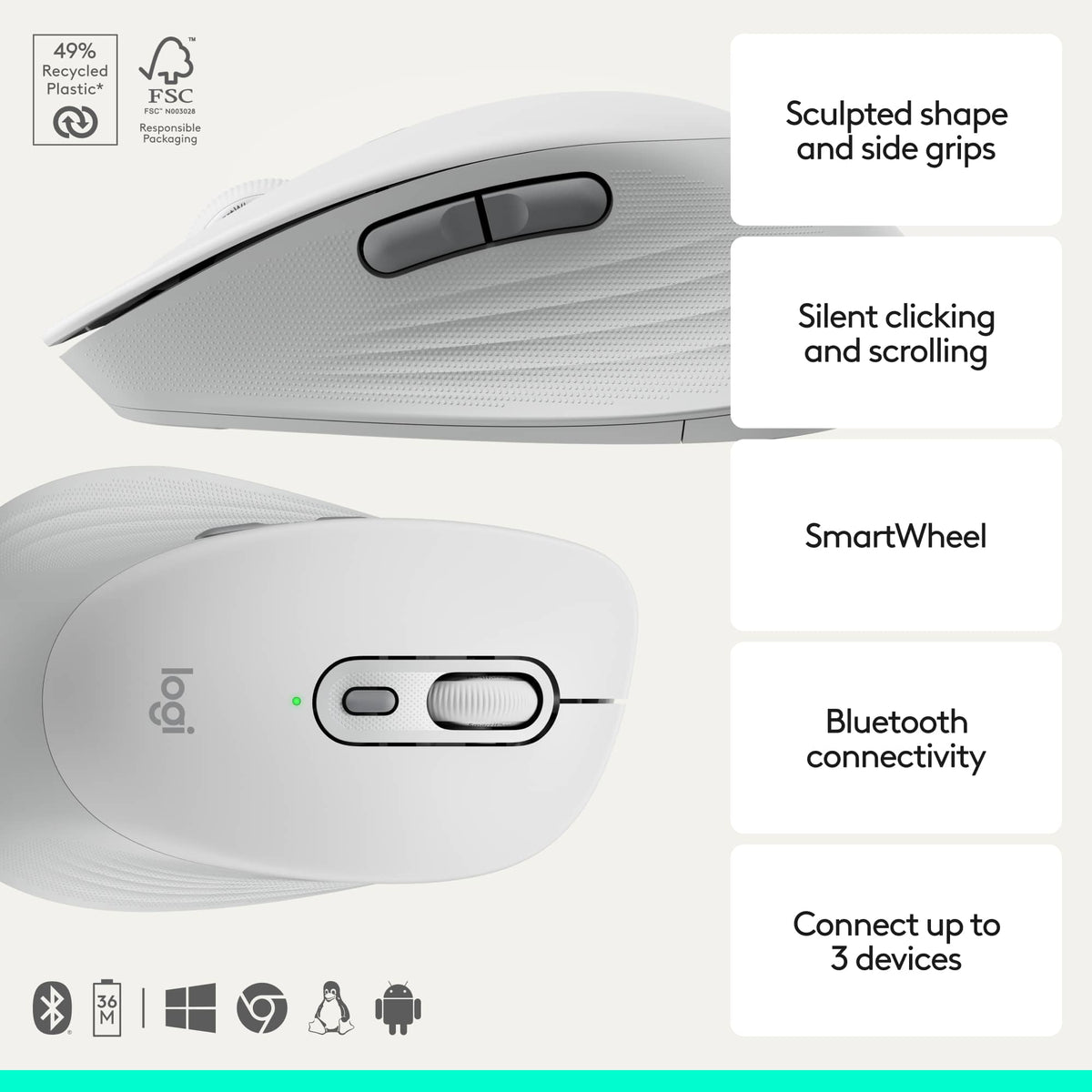 Logitech - Signature Comfort M840 L Wireless Bluetooth Mouse with Silent Clicks and Customizable Buttons - Wireless - Off-white