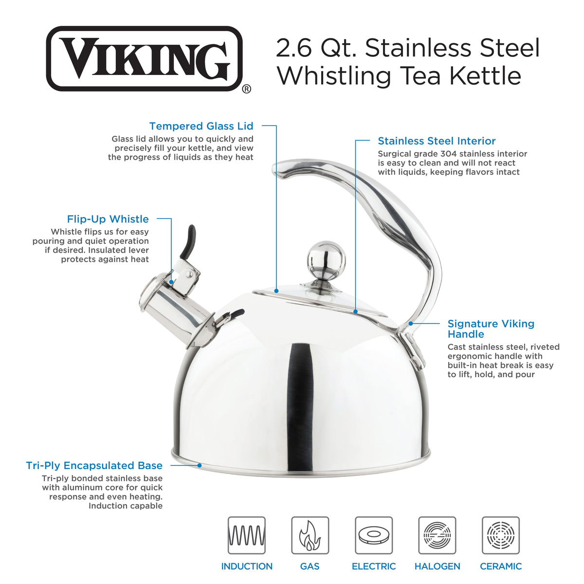 Viking - 2.6 Quart Whistling Tea Kettle with 3-Ply Base - Stainless Steel