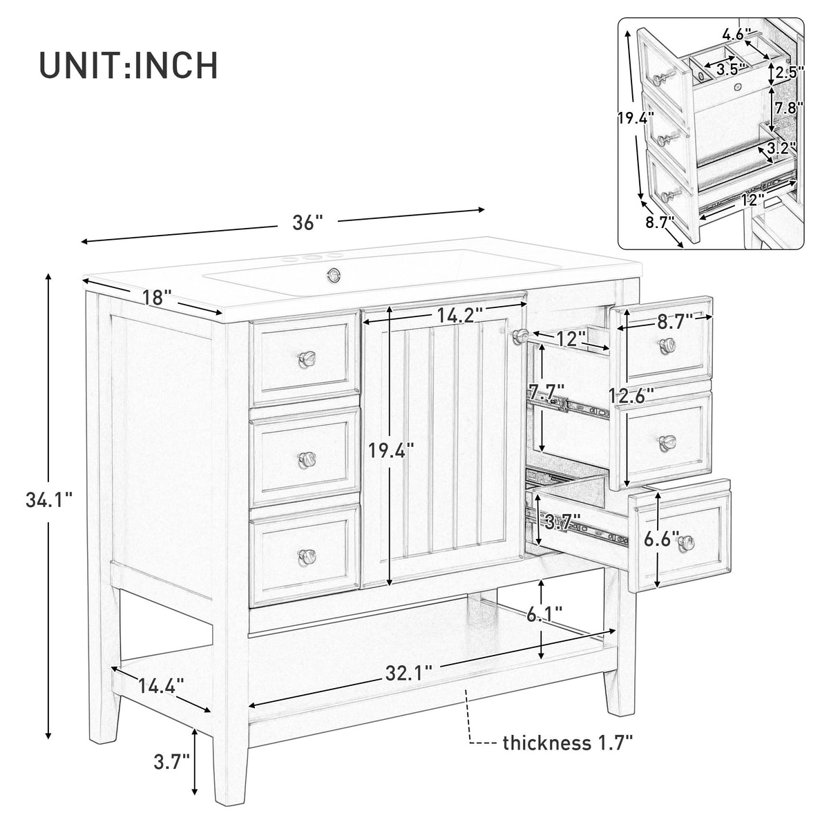 Mueble de baño con lavabo de 36", 2 puertas y 3 cajones - Negro