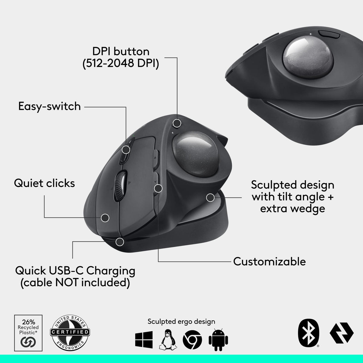 Logitech - MX ERGO S PLUS Wireless Ergonomic Trackball Mouse with 6 Programmable Buttons - Wireless - Graphite