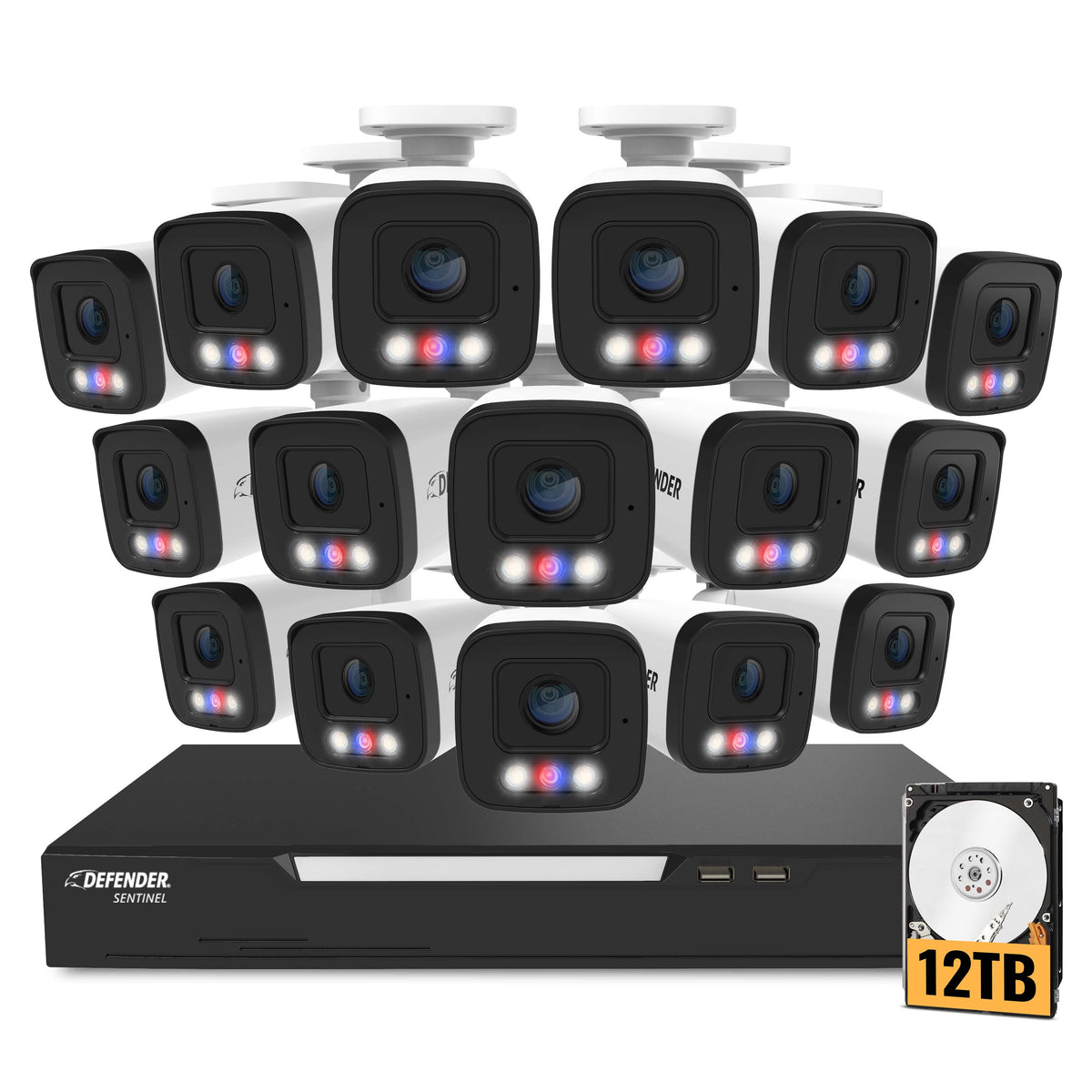 Defender - AI POWERED Sentinel PoE NVR 4K Ultra HD Wired 16 Channel Security System, 16 Metal Cameras, 12TB HDD - White