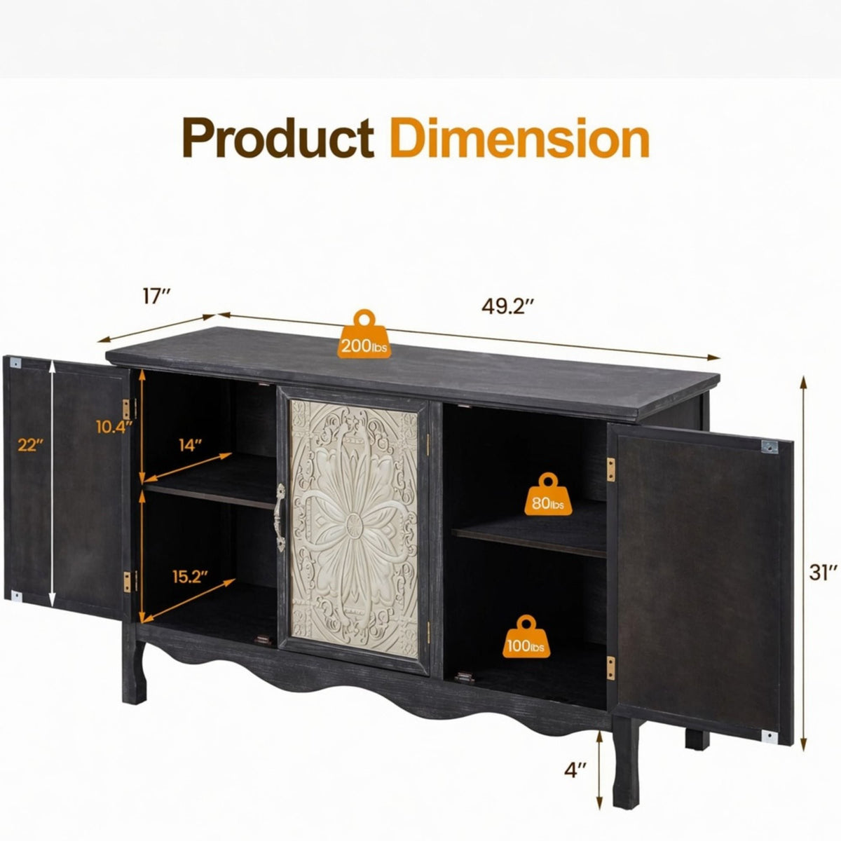 Aparador de 3 puertas con almacenamiento - Negro