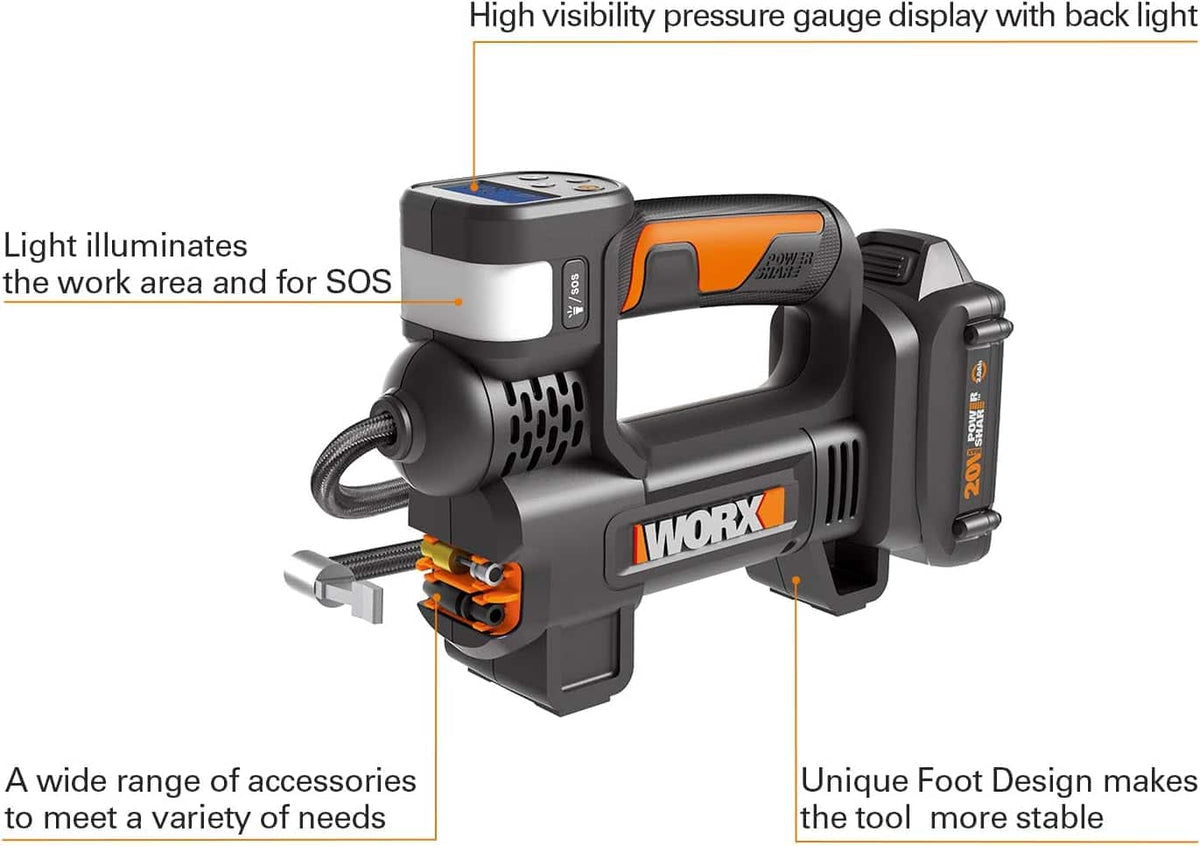 WORX - 20V MAX Cordless Multi-Function Air Pump Inflator (1 x 2.0aH Battery and 1 x Charger Included) - Black