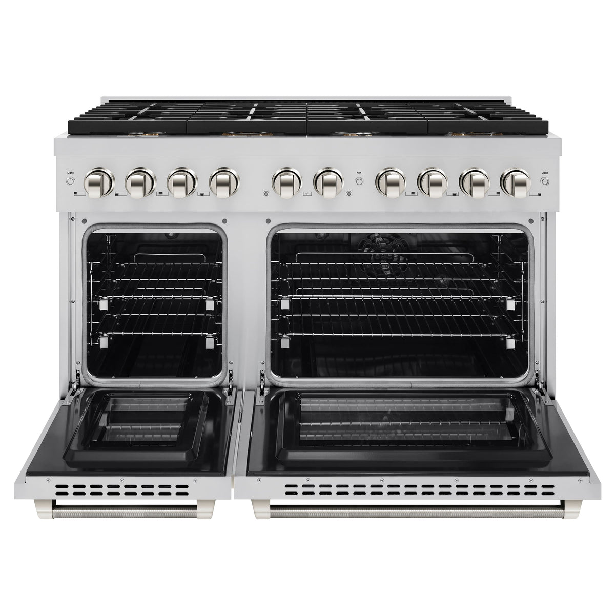 ZLINE - 48 in. Wide 8 Burner Autograph 6.7 cu. ft. Freestanding Paramount Dual Fuel Range with Nickel Helix Handles - Stainless Steel