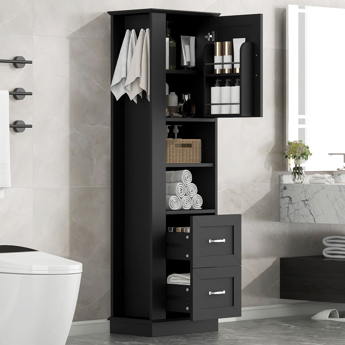 Armario de almacenamiento de baño independiente con estantes ajustables y panel de ganchos laterales, diseño rectangular