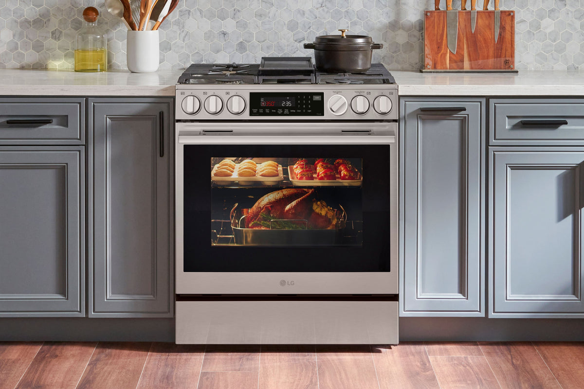 LG - 30-in Wide 6.3 Cu. Ft. Slide-In Gas True Convect Smart Range with 5 Burners, EasyClean, Air Fry and UltraHeat 22K Burner - Stainless Steel
