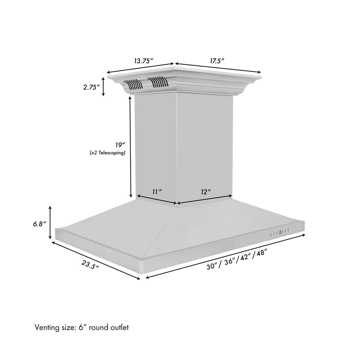 ZLINE - 36 inches - Externally Vented - Island Range Hood - Stainless Steel