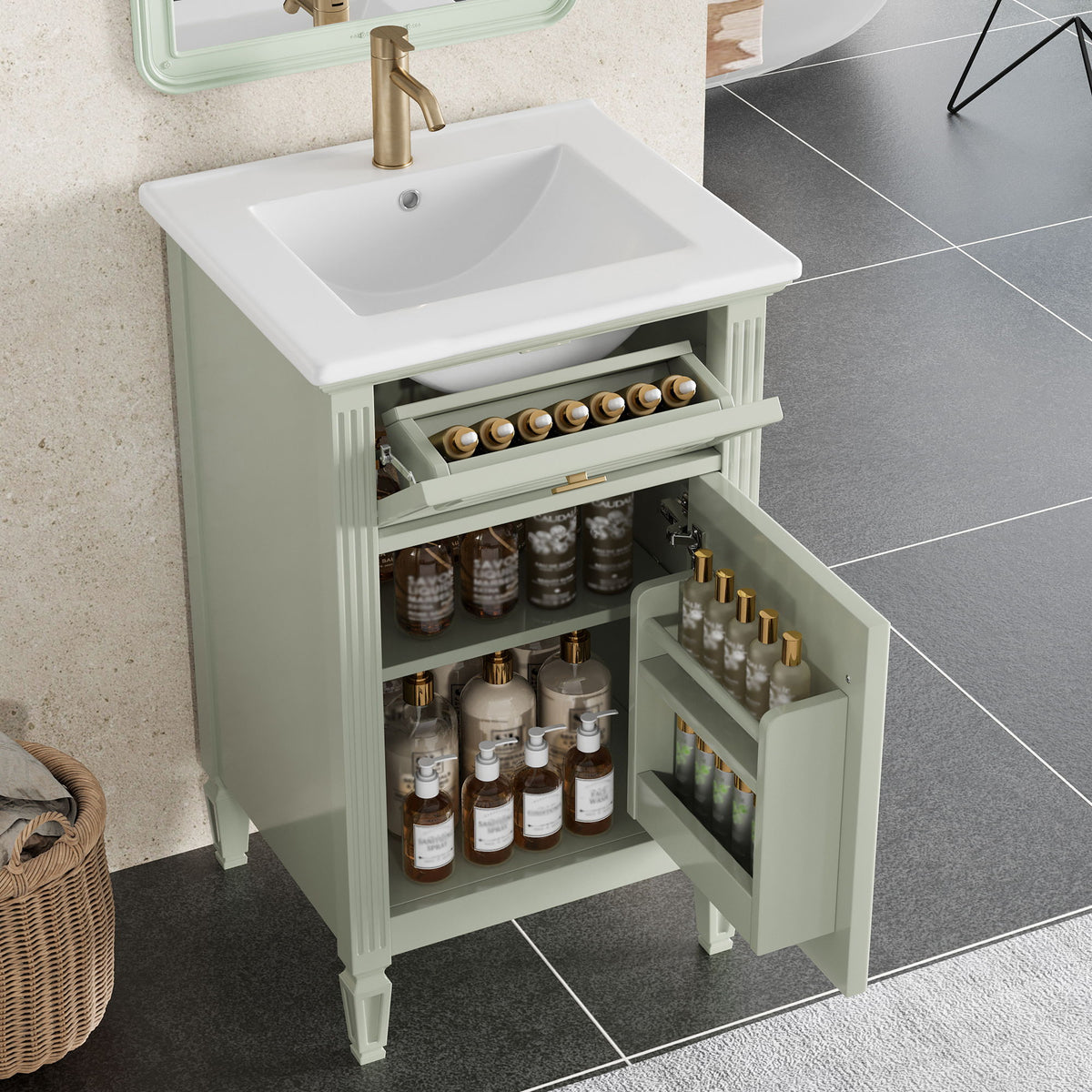 Tocador de baño con lavabo, estante ajustable y cajón abatible
