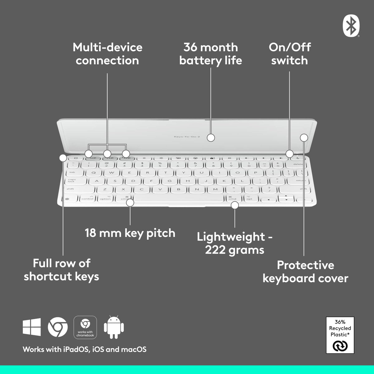 Logitech - Keys-To-Go 2 Slim Portable Bluetooth Keyboard for iPad, iPhone, Mac, and Apple TV With Built-in Cover - Pale Gray