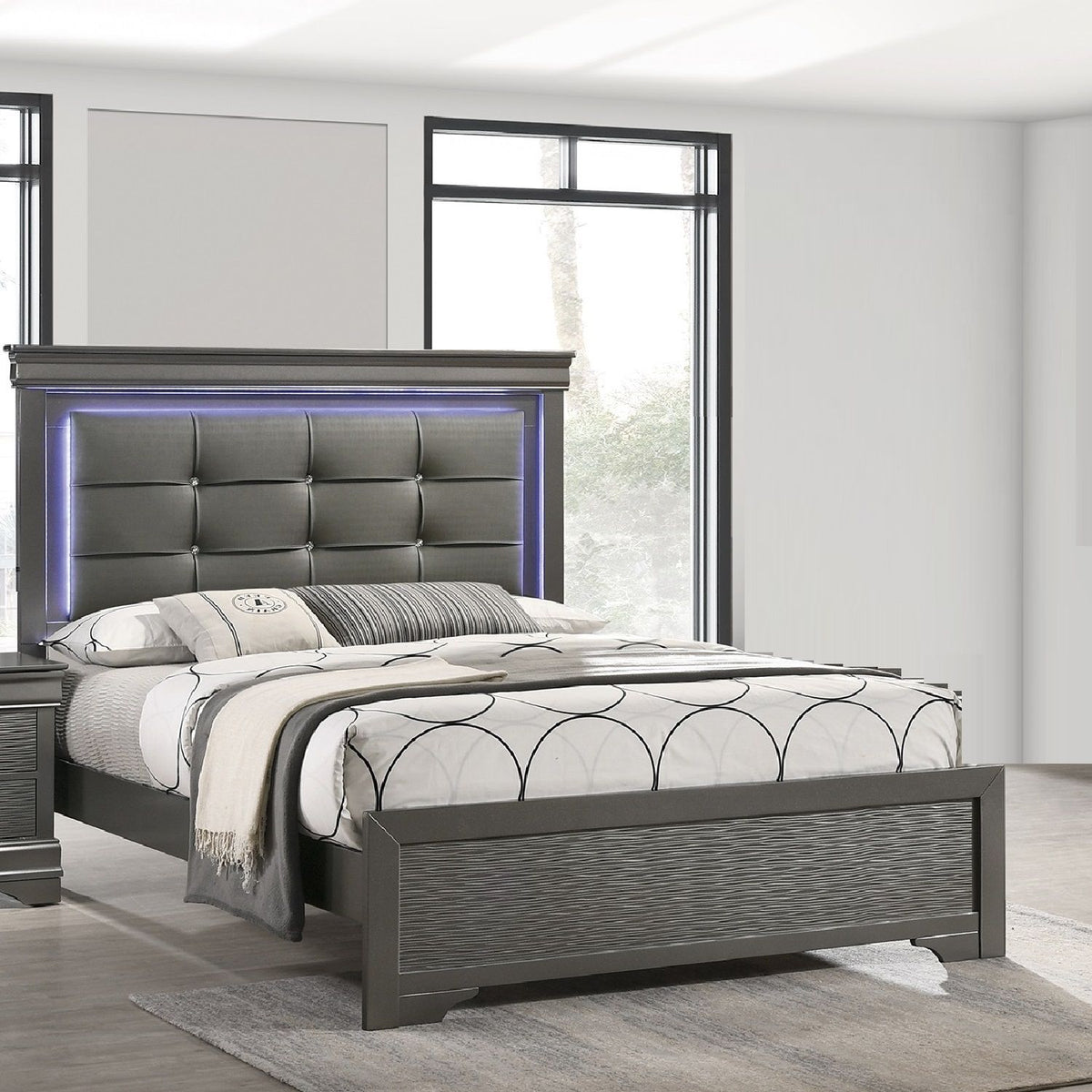 Cama con capitoné de botones cuadrados y luces LED