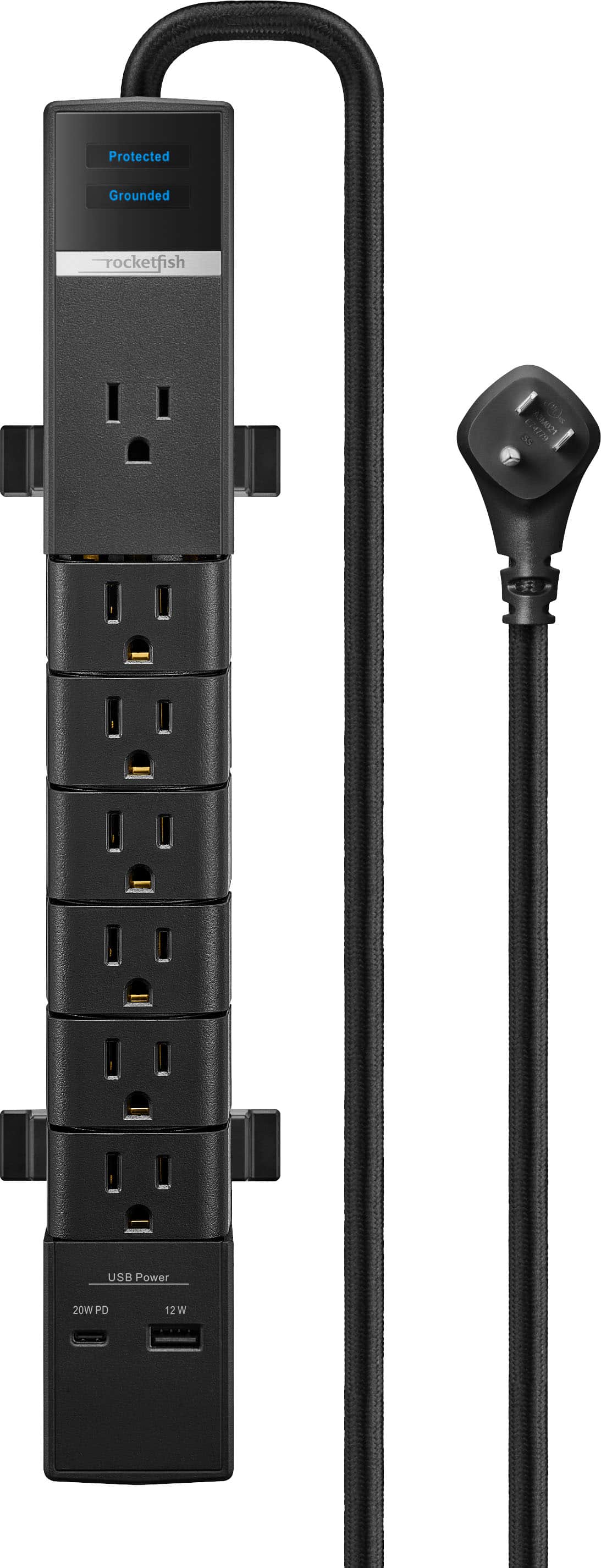 Rocketfish™ - 7-Outlet 2880 Joules Surge Protector with USB and USB-C - Black
