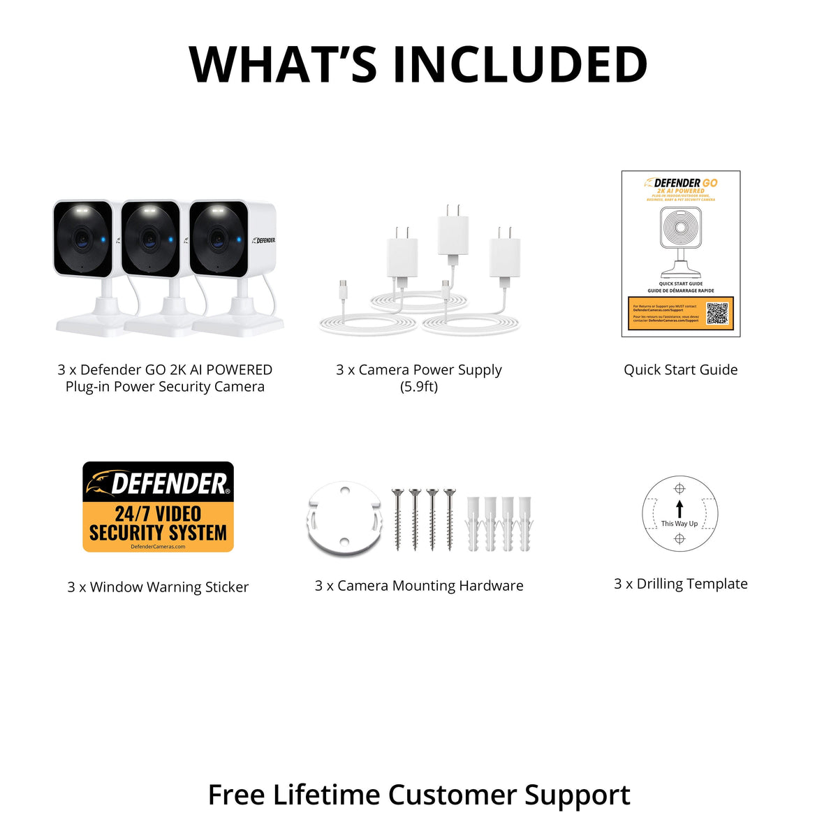 Defender - GO 2K AI POWERED Plug-in Power Indoor/Outdoor Home Security, Baby & Pet Camera - 3 Pack - White