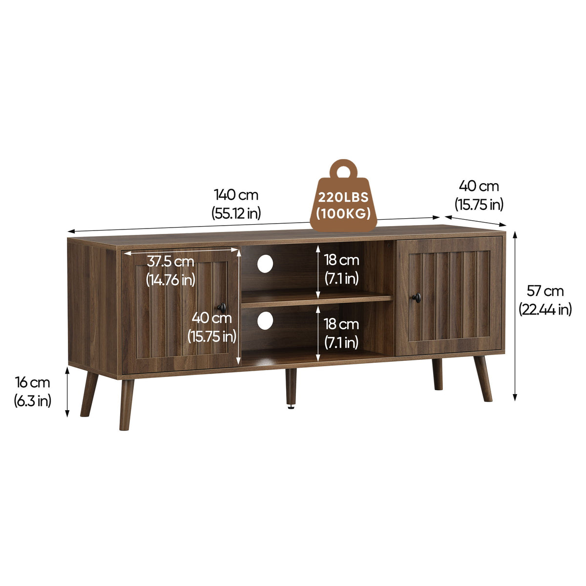 Mueble para TV de 55" con puertas de ranuras verticales, estantes ajustables - Nogal