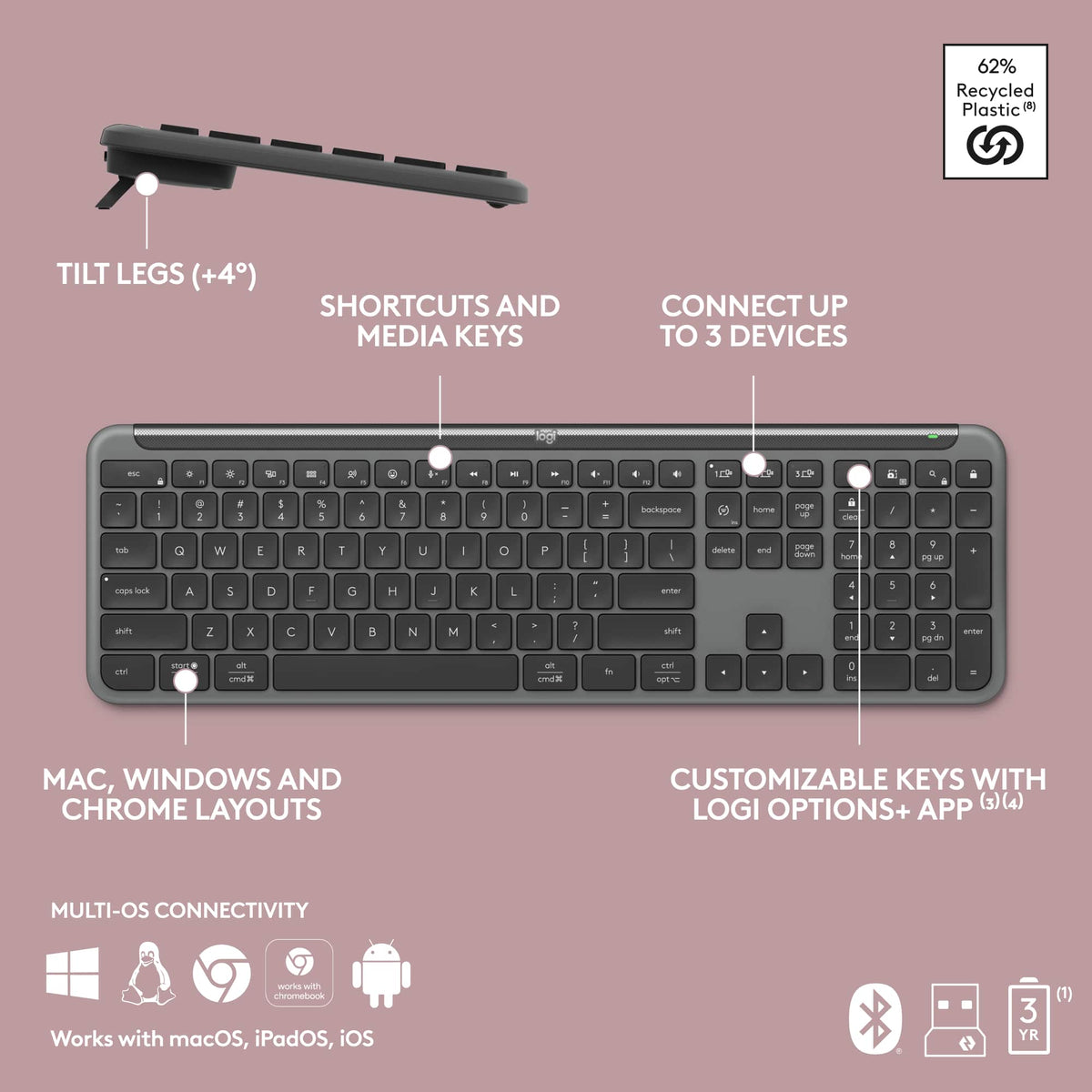 Logitech - MK955 Signature Slim Full-size Wireless Keyboard and Mouse Combo for Windows and Mac with Quiet Typing and Clicking - Graphite