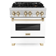 ZLINE - 30 in. Wide 4 Burner Autograph Legacy Dual Fuel Range with White & Gold Accents (RAZ-WM-30-G) - Stainless Steel/Matte White