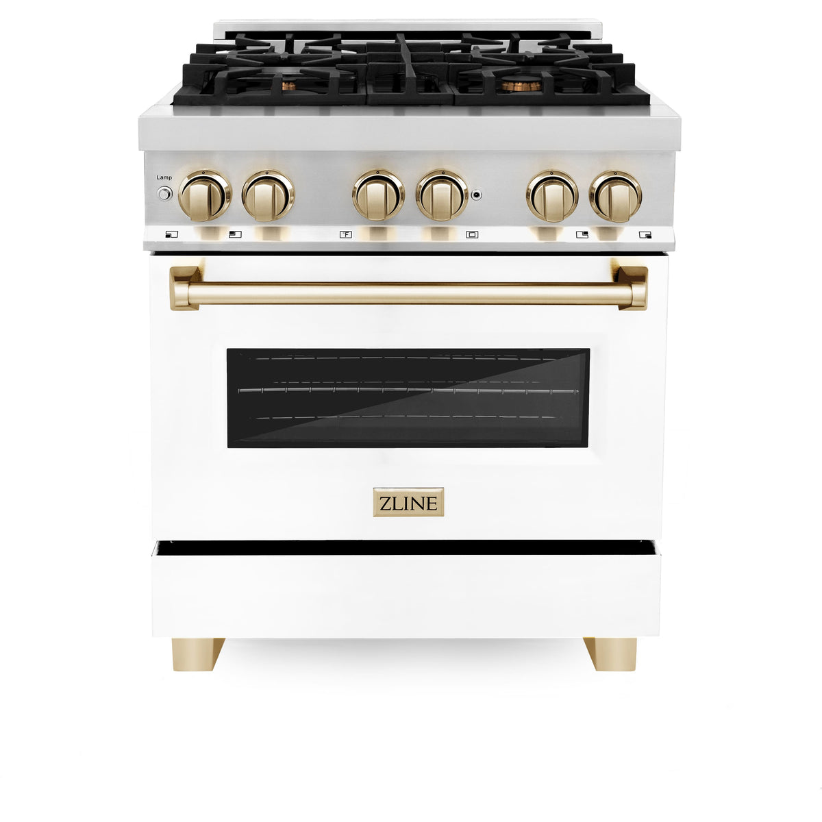 ZLINE - 30 in. Wide 4 Burner Autograph Legacy Dual Fuel Range with White & Gold Accents (RAZ-WM-30-G) - Stainless Steel/Matte White