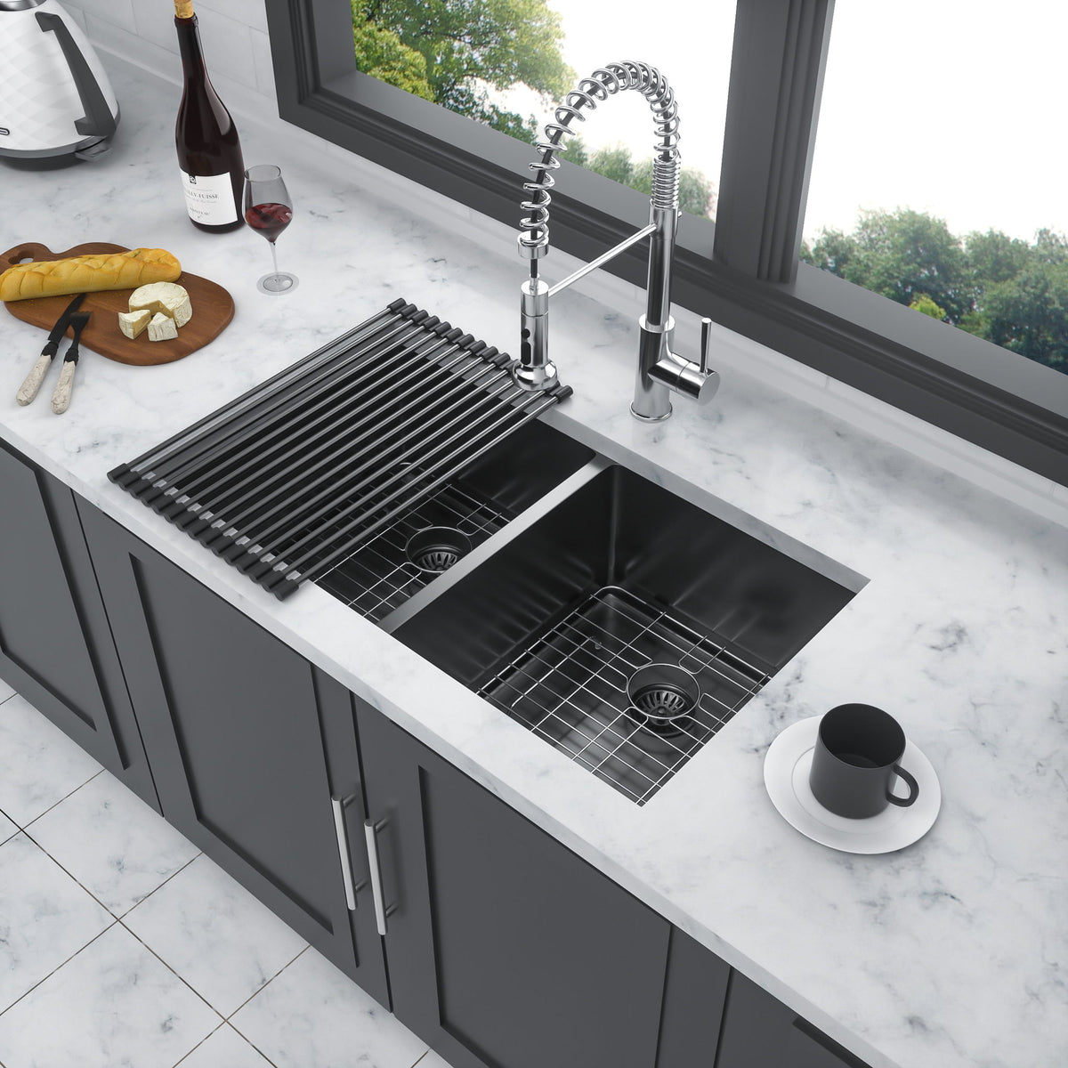 Double Bowl Undermount Kitchen Sink 16 Gauge 33" X 19" With Dual 10" Deep Basins - Gunmetal Black