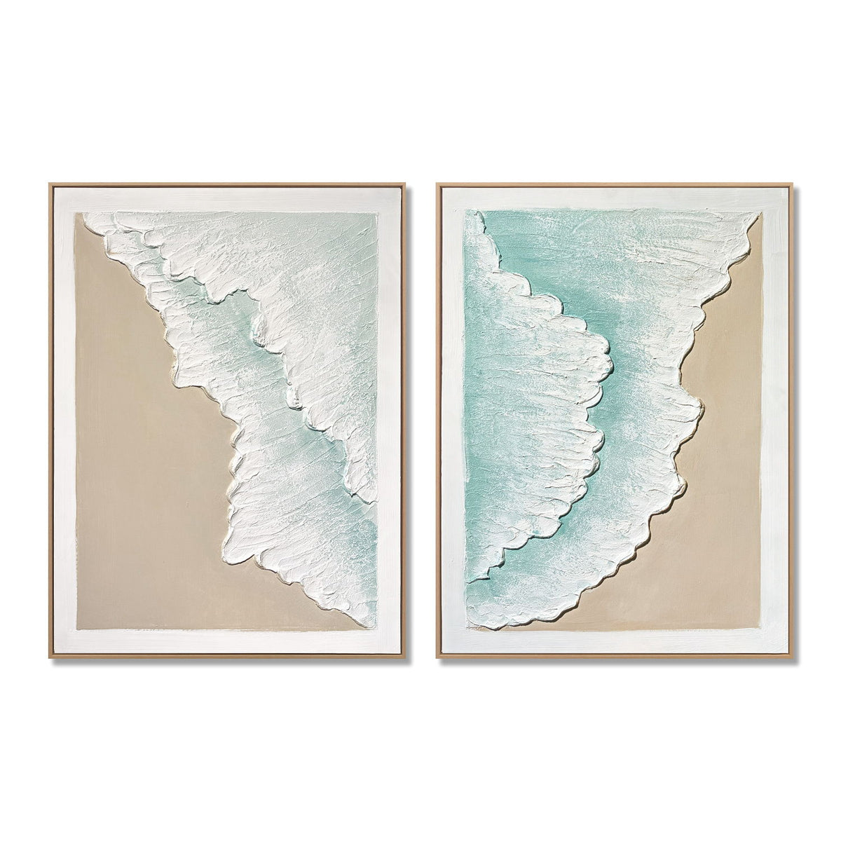 Arte de pared enmarcado de ola oceánica, pintura en lienzo texturizado, decoración de playa para sala de estar (juego de 2) - Azul aguamarina