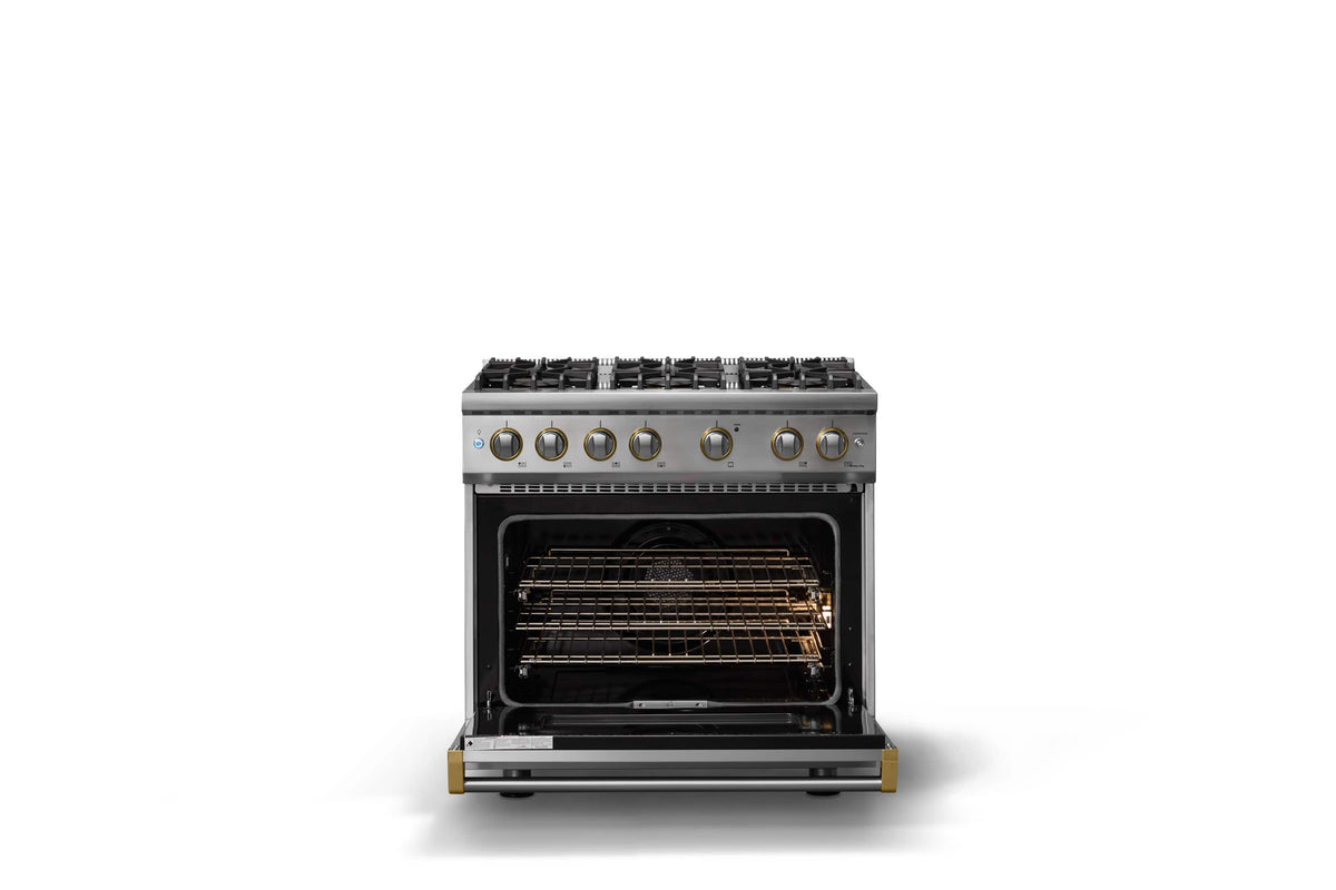 Viking - 36"W. 5.1 Cu. Ft. Freestanding Manual Clean Sealed 6 Burner LP Gas Convection Range-Stainless Steel/Brushed Brass - Stainless Steel