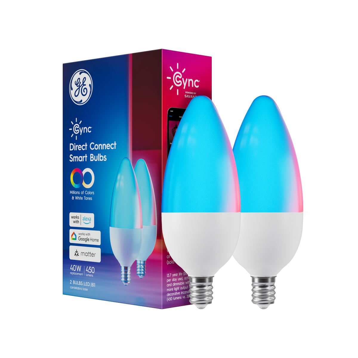 Cync - Decorative Direct Connect B11 Smart LED Bulb (2-Pack) - Full Color