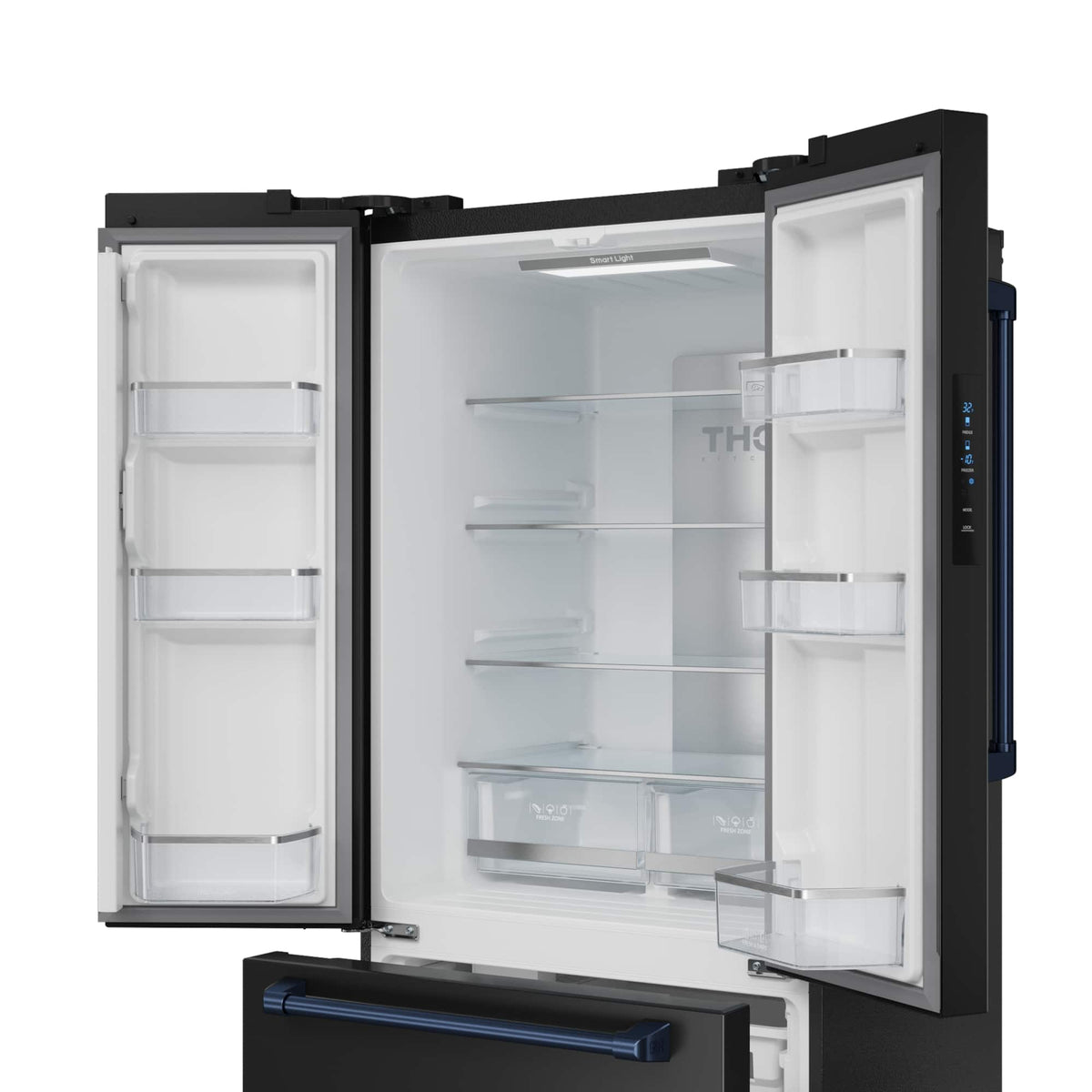 30 in. Wide Gordon Ramsay Series by Thor Kitchen 17.5 Cu. Ft. Counter Depth Refrigerator with Navy Blue Hardware - Black