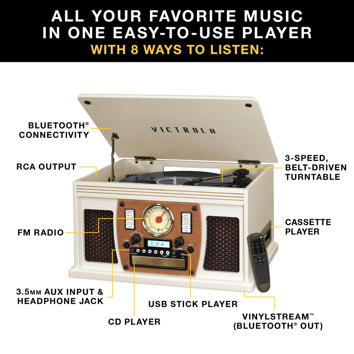 Victrola - Navigator 8-in-1 Classic Bluetooth Record Player with Turntable - White