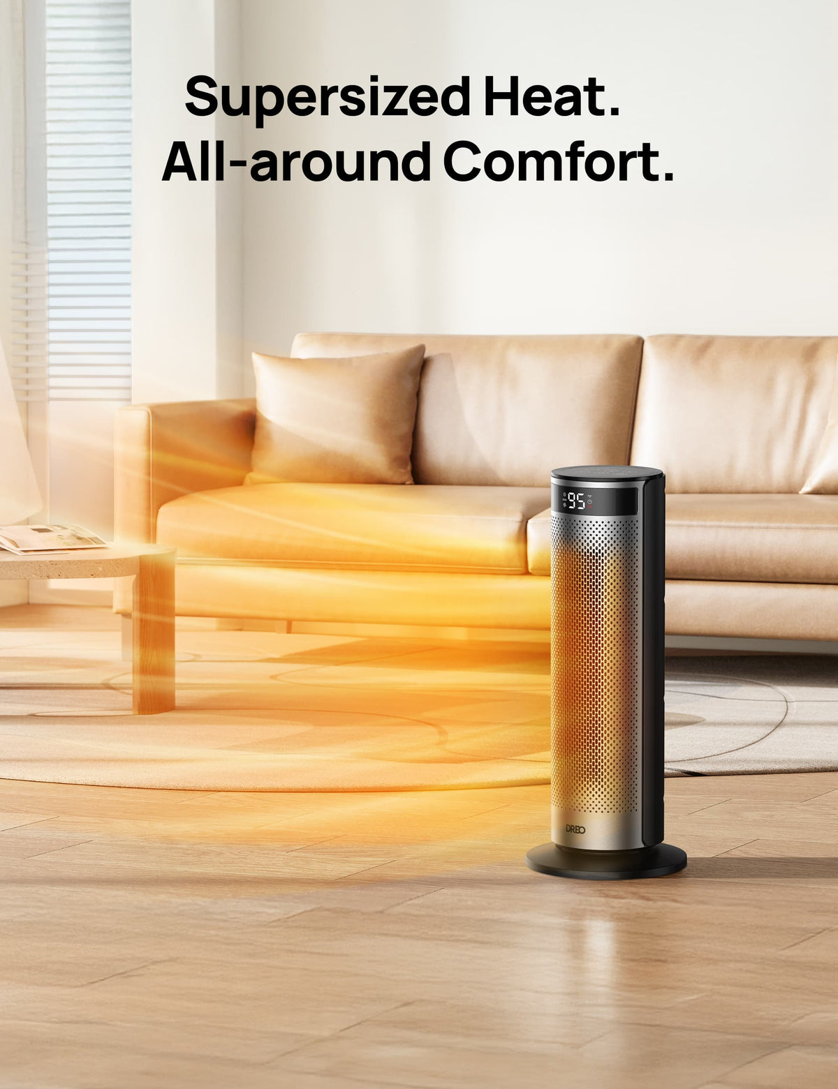 DREO - 20'' Portable Ceramic Space Heater for Home, 70° Oscillation, 12H Timer and Thermostat, 3 Heat Levels, Solaris 628 - Silver