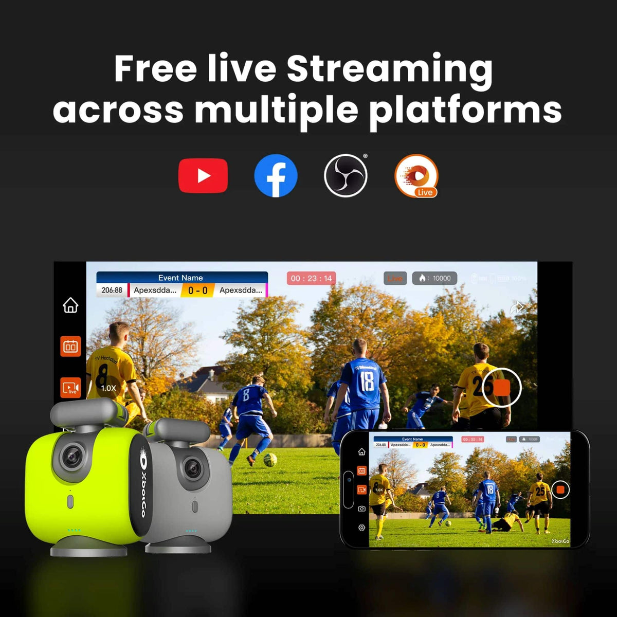 XbotGo - Chameleon 4K 60FPS AI Sports Camera with Auto-Tracking for Team Sports, Live Streaming, Smartphone Compatible - Lemon Green