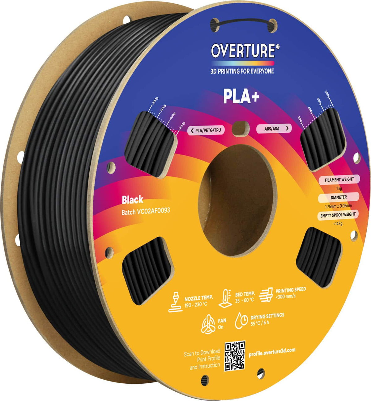 Overture - 1.75 mm PLA+ 3D Printer Filament - Black